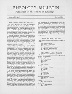 Rheology Bulletin Vol. 31 No. 1 Spr 1962